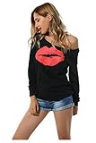 Aifer Womens Oversized Sexy Lips Print Long Sleeve Off Shoulder Pullover Tops