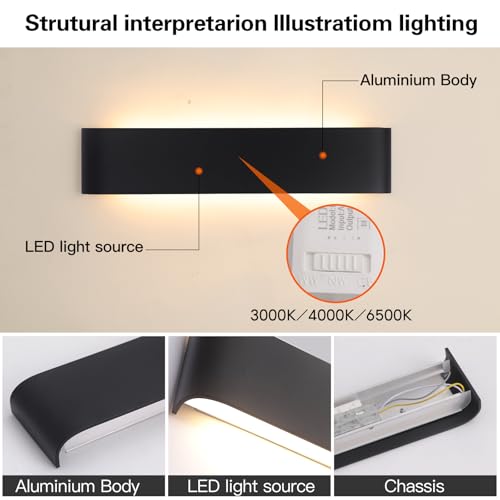 YCZM Indoor Wall Light 24 W, LED Indoor Wall Lamp 3000 K/4000 K/6500 K Temperature Three Colours Optional, 38 cm 2880 lm, Wall Lamp 4 Pieces Black
