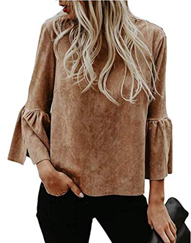 Bigyonger Womens Blouses Solid Flare Bell 3/4 Sleeves Casual Boho Shirt Tops Brown Small