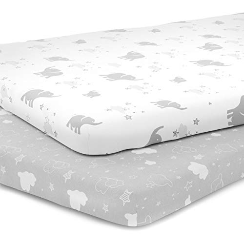 Kids N’ Such Pack N Play Fitted Sheet Set for Pack N Play Mattress Pad, Elephants, Stars, & Clouds, 2 Pack