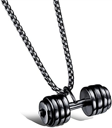 JEZRINB Fashion Sports Jewelry Men's Stainless Steel Barbell Dumbbell Pendant Chain Necklaces (Black)