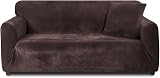 Teynewer Thick Velvet Sofa Cover 3 Seater Brown High Stretch Non-Slip