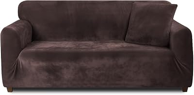 Teynewer Thick Velvet Sofa Cover 3 Seater Brown High Stretch Non-Slip