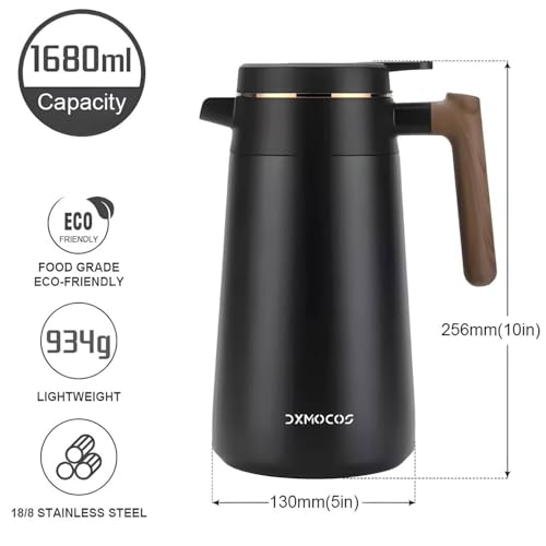 1680ML Stainless Steel Vacuum Flask Thermal Insulated Jug – Double-Walled Coffee Carafe Tea Water Pot with Temperature Display, Black