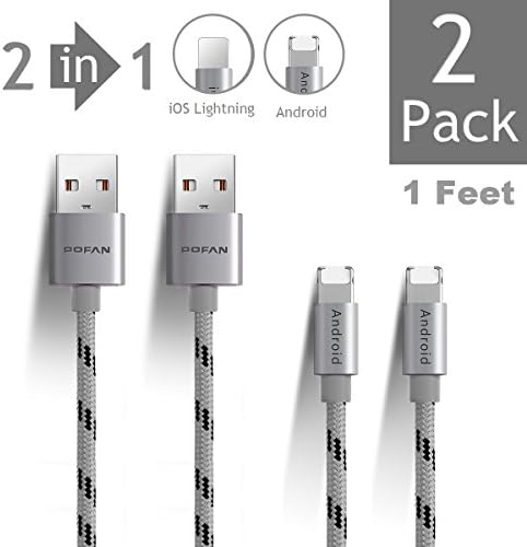 POFAN Nylon Braided Universal USB to Lightning + Micro USB Cable for both Apple and Android Phones (2-in-1 integrated interface) (Silver 1ft - 2P)
