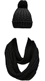 NEOSAN Women Winter Thick Knit Infinity Loop Scarf And Pom Pom Hat Set Crochet Black