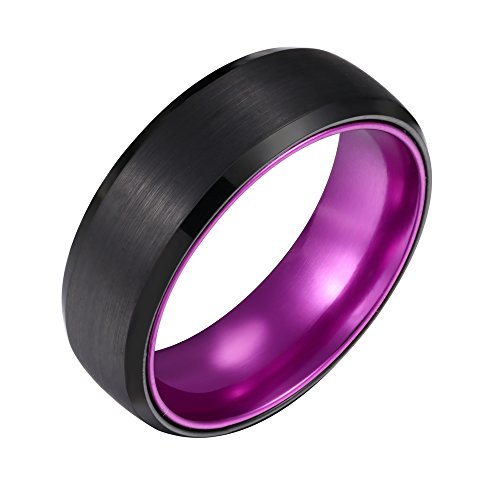 POYA 8mm Black Tungsten Carbide Ring Beveled Edges Anodized Purple Interior Wedding Band Comfort Fit