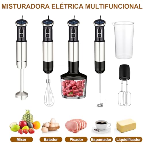TURU HOME 6 em 1 mixer de mão, 1000W, 8 velocidades, Exibição digital LCD, Vem com um copo de 860 ml, Livre BPA,Triturador de 600 ml, Adequado para sopas, smoothies e purés(220V)