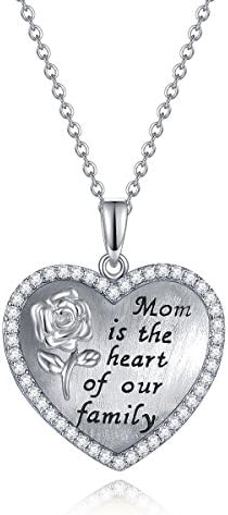 925 Sterling Silve Necklace, Heart Necklace Sterling Silver Rose Flower Necklace Mom Is The Heart of Our Family CZ Necklace Mom Gift