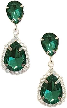 Silver Tone Antique Vintage Retro Deco Gatsby Flapper Style Emerald Green Zircon Rhinestone Pear Wedding Bridal Earrings