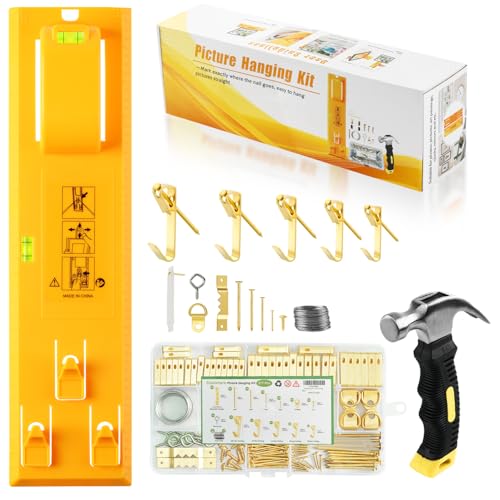 Stalishare Picture Hanging Kit, Goodsnova Picture Hanging Tool with Level for Easy Marking Position, Including 218PCS Instaframe Hanging Kit with Hooks, Nails, Wires, Hammer for Art/ Photos (Yellow)