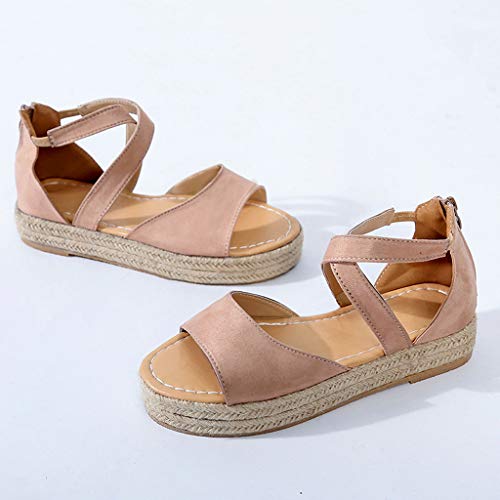 Caopixx Womens Flatform Espadrille Strappy Open Toe Flat Platform Ankle Sandals Buckle Flats Sandals Pink