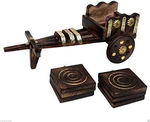 Siddhaayacrafts Wooden Bullock Cart Coaster for Home Decor and Kitchen (14 x 5.5 inches, Brown) - Set of 6