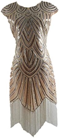 Syne Sun Women's Long Flapper 1920s Beaded Fringed Gatsby Dress (S, Light Yellow)