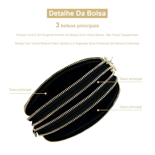 Bolsa Transversal Feminina em Couro Vegano, 3 Compartimentos com Zíper, Alça Ajustável