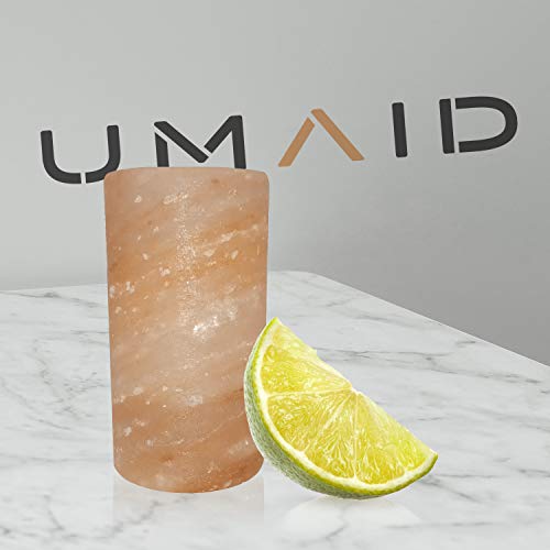 UMAID Natural Himalayan Salt Shot Glasses Set of 4, With Rose Wooden Serving Board 3" Pink Salt Glasses -Tequila Shot Glasses, Kosher & FDA Approved 100% Pure Natural Pink Himalayan Salt