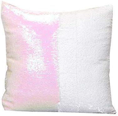NOROC Roll Over/Reversible Sequins Glitter Fancy Cushion Pillow case/Cover (40 x 40 cms) (White & Pink)