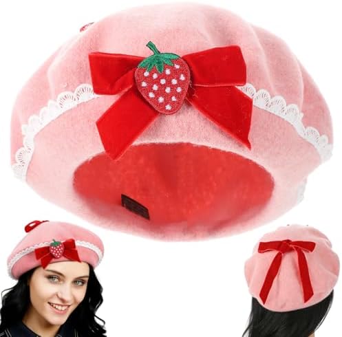 Amosfun Wool Beret Hat Strawberry Bowknot Beret French Style Beret
