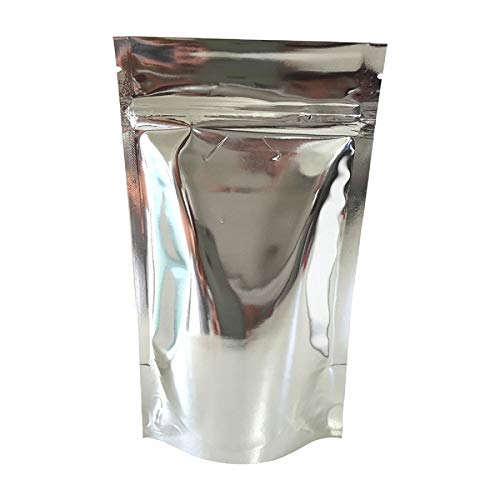 Rightpak Stand Up Pouches 100 Pieces 8cm x 13cm, Silver Shiny Heat Sealable Tear Notches Smell Proof for Food Storage with Ziplock