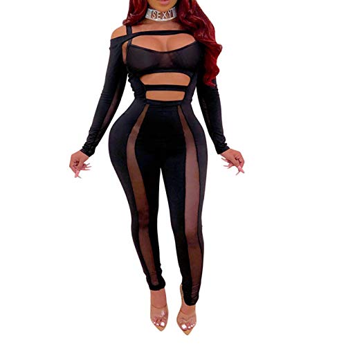 IyMoo Bodycon Jumpsuits for Women Clubwear - Sexy V Neck Long Sleeve Hollow Out Mesh Sheer Bodycon Romper Catsuit FM-Black L