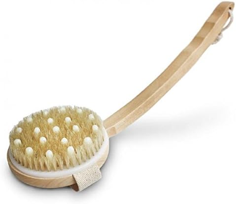Dollshow Dry/Wet Body Bath Massage Brush with Non-slip Curved Handle Detachable Wood Natural Bristles Head Remove Dead Skin Exfoliates Stimulates Blood Circulation Reduce Toxins