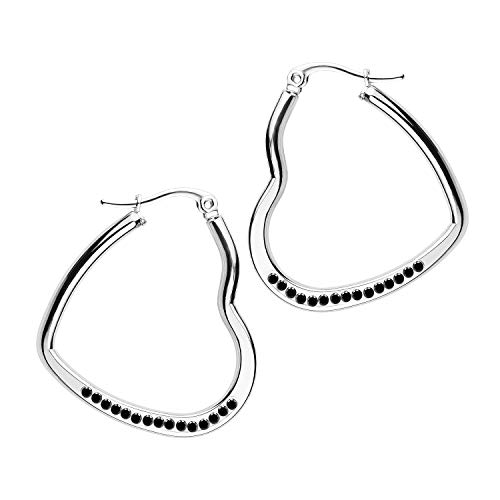 555Jewelry Womens Stainless Steel CZ Hypoallergenic Comfort Elegant Gift Jewelry Accessory Lightweight Hinged Durable Heart Shape Love Dressy Classic Large Hoop Fashion Earrings, Silver & Black