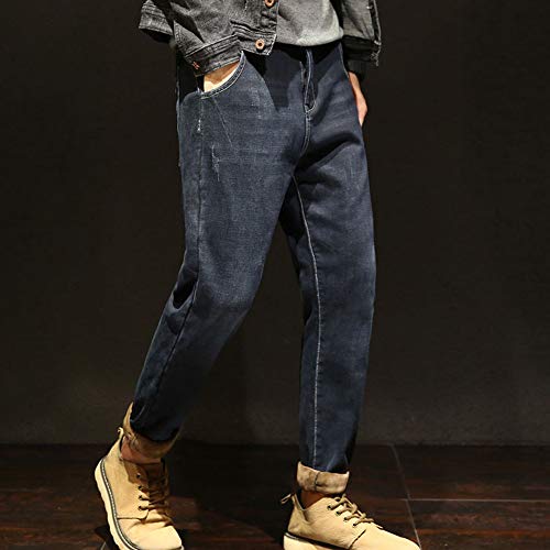 Mens Elastic Jeans Pants Winter Fashion Harlan Alphabet Stretch Feet Trousers Thicken Plus Velvet Casual Long Pants - Thumbnail 3