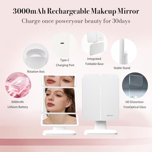 SIMETRA Vanity Mirror with Lighting & Touch Screen, 15.6-inch Rechargeable Trifold Standing Mirrors with 3 Color & Adjustable Brightness, Foldable 3000mAh Cordless Makeup Mirror or Trave,Bedroom,White