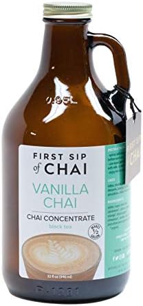 The Spice Hut First Sip of Chai - Vanilla Chai Tea Concentrate in Amber Reusable Glass Growler -  Makes 1/2 Gallon, 32 Ounce