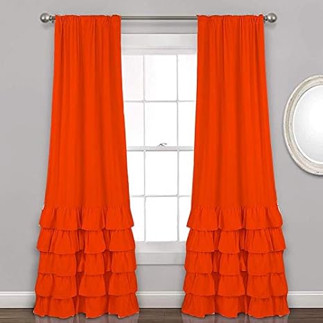 Buy Studio Shubham Dupion Silk Orange Ruffle Rod Curtain Set Of 2