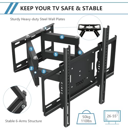 TDOO TV Wall Mount Stand for 26-75 Inch TVs - Dual Articulating Arms, Tilt Swivel Extension Wall Mount TV Bracket for Flat Curved LED LCD Screen TVs, Universal Stand Holds Up to 40kg