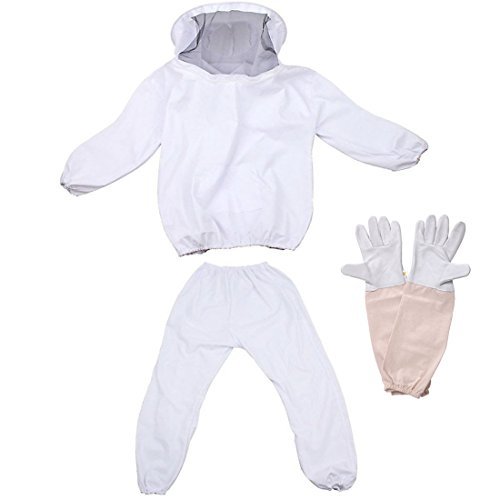 Feekr Professional Beekeeping Suit Jacket with Pants and Goat Skin Long Sleeve Gloves, Medium(White)
