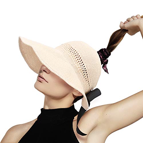 mysuntown Women's Summer Foldable Straw Sun Visor with Cute Bowtie