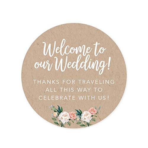 Andaz Press Out of Town Bags Round Circle Gift Labels Stickers, Welcome to Our Wedding Thanks for Traveling to Celebrate with Us, Kraft Brown Tan, 40-Pack, for Destination OOT Gable Boxes