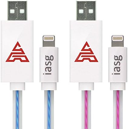 Iasg [MFi Certified] 2xPack Flat Visible LED Lighted Up Charging Lightning to USB Cable for Apple iPhone 5s 6s iPhoneSE iPad iPod-3.3FT(1 meter)-Blue/Pink Purple Light