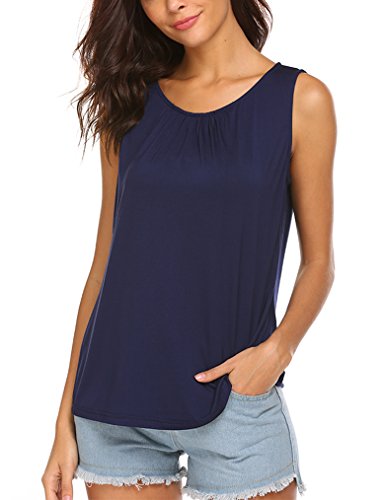Locryz Women's Summer Sleeveless Pleated Back Closure Casual Tank Tops (L, Navy Blue)