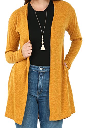 P1125 Womens Soft Open Front Long Sleeve Pockets Sweater Cardigan Mustard XL - Thumbnail 5