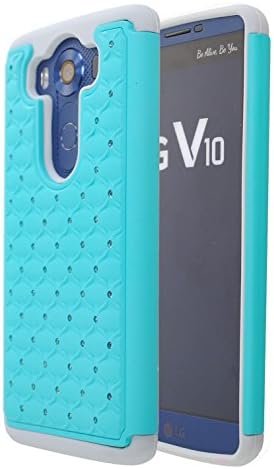 Studded Rhinestone Crystal Bling Case [Shockproof] Hybrid Armor [Dual Layer] Silicone Rubber Skin Hard Case Cover for LG V10 (Bling Mint)