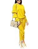 Subtle Flavor Women 2 Pieces Outfits Puff Sleeve Top and Long Flounced Pants Sweatsuits Set Tracksuits