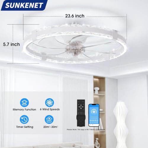 SUNKENET Ceiling Fans with Lights and Remote, 60cm LED Fan Ceiling Light, 3000K-6500K Dimmable Smart Ceiling Fan Light, 6 Wind Speeds & Reversible, White Queit Fan Light Ceiling for Bedroom