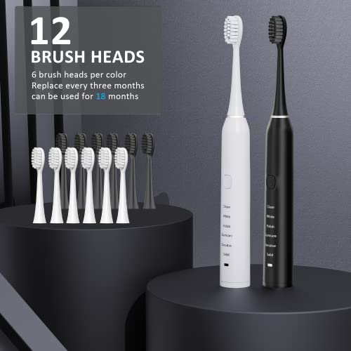 BUBBLE-FLY Two Electric Toothbrushes, Black & White Set Electric Toothbrush, Dual Handle 38000 VPM Electric Toothbrush - 6 Modes with Smart Timer ,Including 12 Dupont Brush Heads,ipx7 Waterproof....