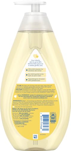 JOHNSON’S BABY HEAD-TO-TOE BABY WASH & SHAMPOO + ALOE & VITAMIN B5, 2-IN-1 BATH WASH GENTLY CLEANSES NEWBORN’S DELICATE SKIN & HAIR, HYPOALLERGENIC, NO ADDED PARABENS, DYES & SULFATES, 27.1 FL. OZ