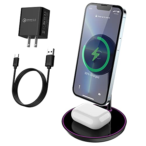 Magnetic Wireless Charger Stand,LERTOSEN Mag-Safe Charger Stand for iPhone 14/13/12/Pro/Pro Max/Mini/AirPods Pro/3/2, 2 in 1 Fast Wireless Charging Station for Qi-Compatible Phones, with 18W Charger