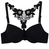 Finejo Womens Front Closure Lace Racerback Push Up Bra Black