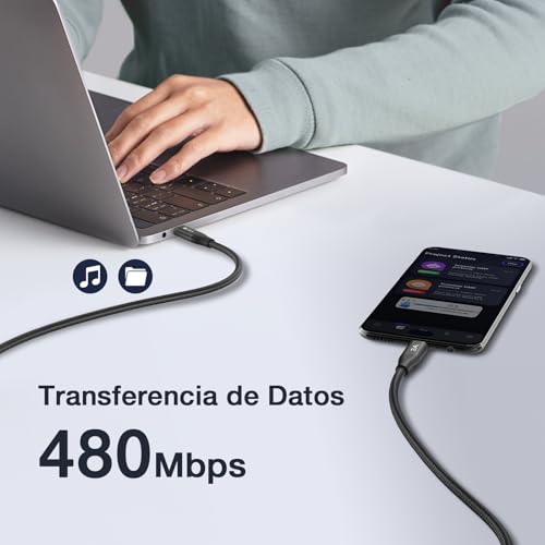 1HORA Cable USB C a USB C 3A 60W PD, 2M Paquete de 2, Tipo C a Tipo C Carga Rápida, Nylon Trenzado, Compatible con Samsung Galaxy S25/S24, IP17/16/15, iPad Pro 2024, MacBook Pro 2023, Android