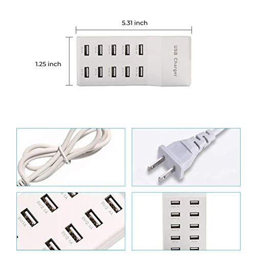 USB Rapid Charger10-Port Family-Sized USB Wall Charger with Rapid Charging Auto Detect Technology Safety Guaranteed Smart USB Ports for Multiple Devices Smart Phone Tablet Laptop Computer
