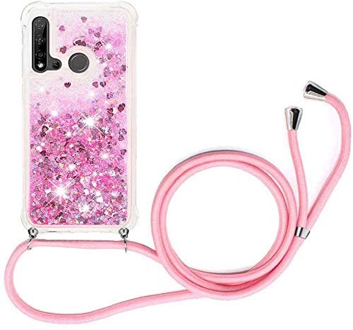 Compatible with Huawei P20 Lite Crossbody Case 3D Moving Glitter Sparkle Floating Liquid Shiny Quicksand Cover - Shell Adjustable Lanyard Strap Phone Chain Case