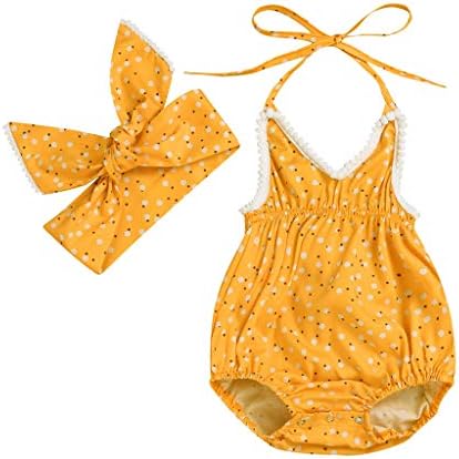 Toddler Baby Cotton Romper Sleeveless Halter Suspender Flower Print Romper Cute Headbands Set Outfit