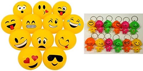 DISCOUNT PARTY AND NOVELTY Lot of 12 Mini Emoticon Beach Balls and 3 Bright Emoji Emoticon Bobblehead Mini Flashlight Keychains Bundle TM