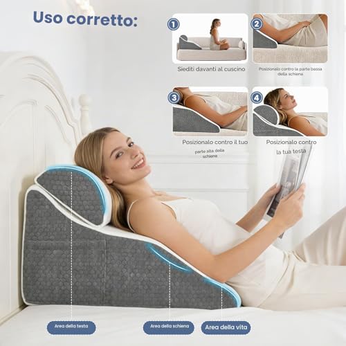 Strixorn Reading Pillow for Bed and Sofa, Curved Wedge Pillow with Memory Foam, Ergonomic Backrest, Reflux Pillow, Washable Case, Reflux Pillow for Adults, 50x50x30cm